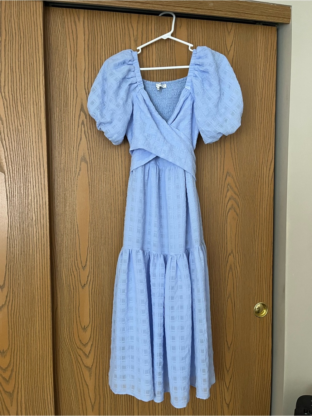 English Factory Light Blue Puff-Sleeve Tiered Maxi Dress Crossover Bodice Womens